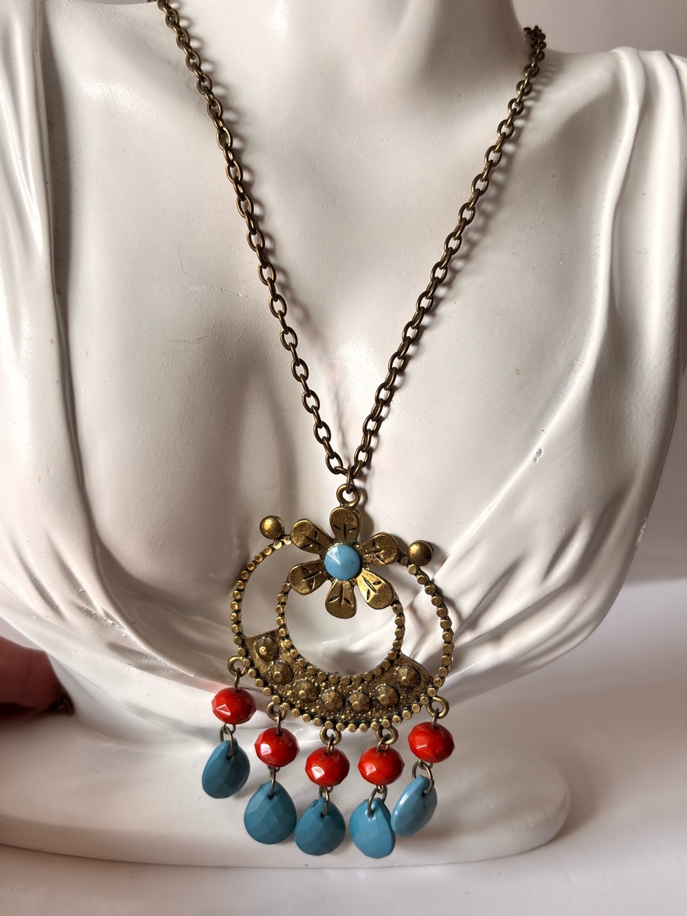 Boho Turquoise & red Dangle Pendant Necklace -